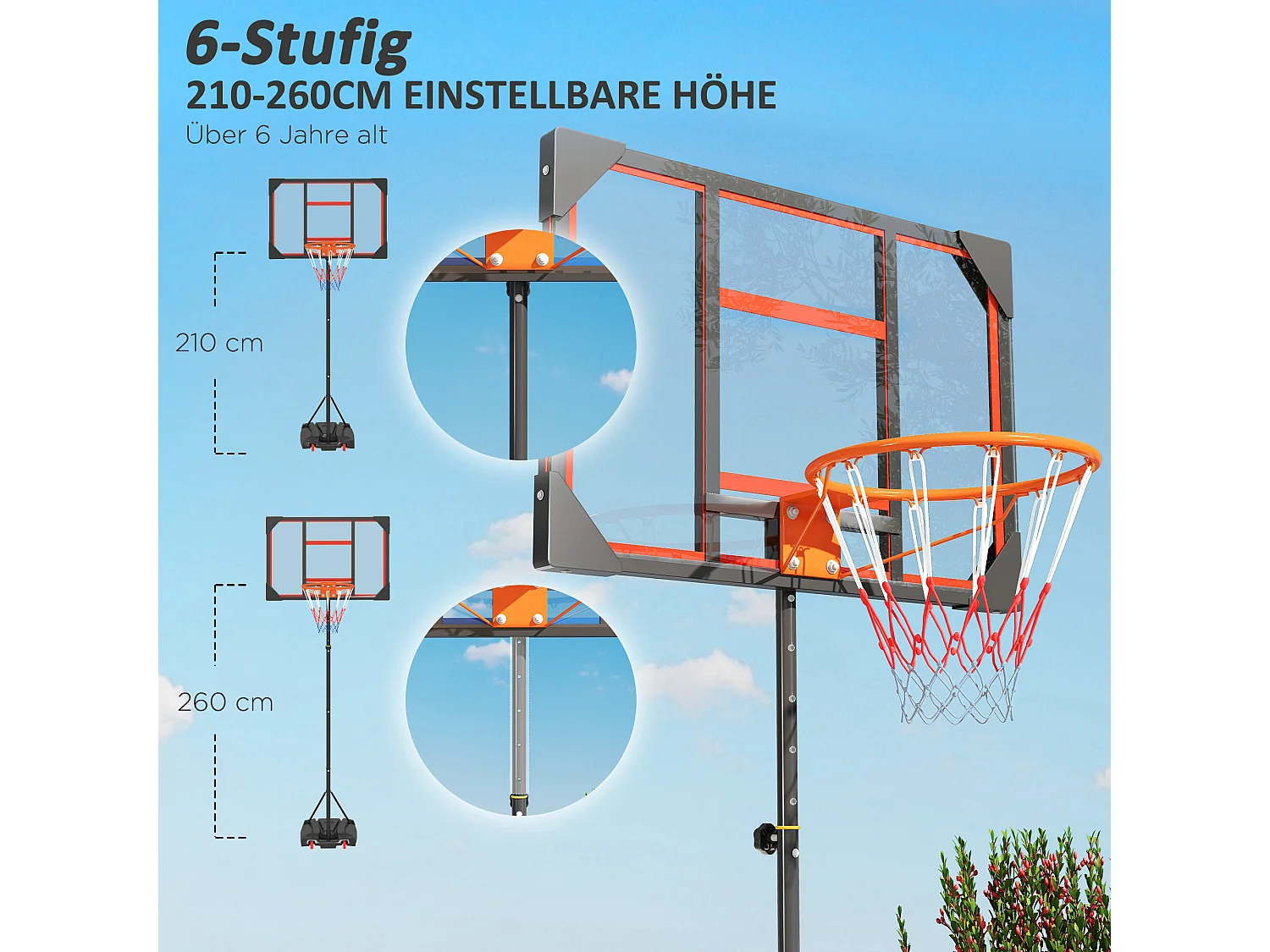 Panier de basketball réglable pour enfants, avec roues et support, plastique, rouge (82x53x306 cm)
