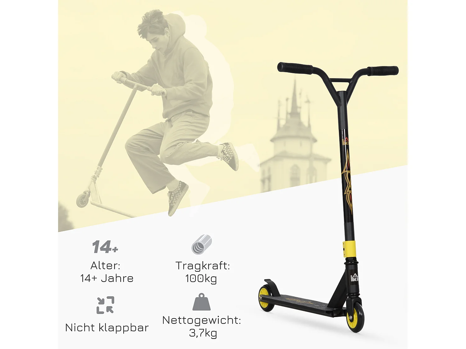 Freestyle step, ergonomisch design, aluminium, goud met 100 mm leren wielen en ABEC 9 lagers (68x47,2x86 cm)