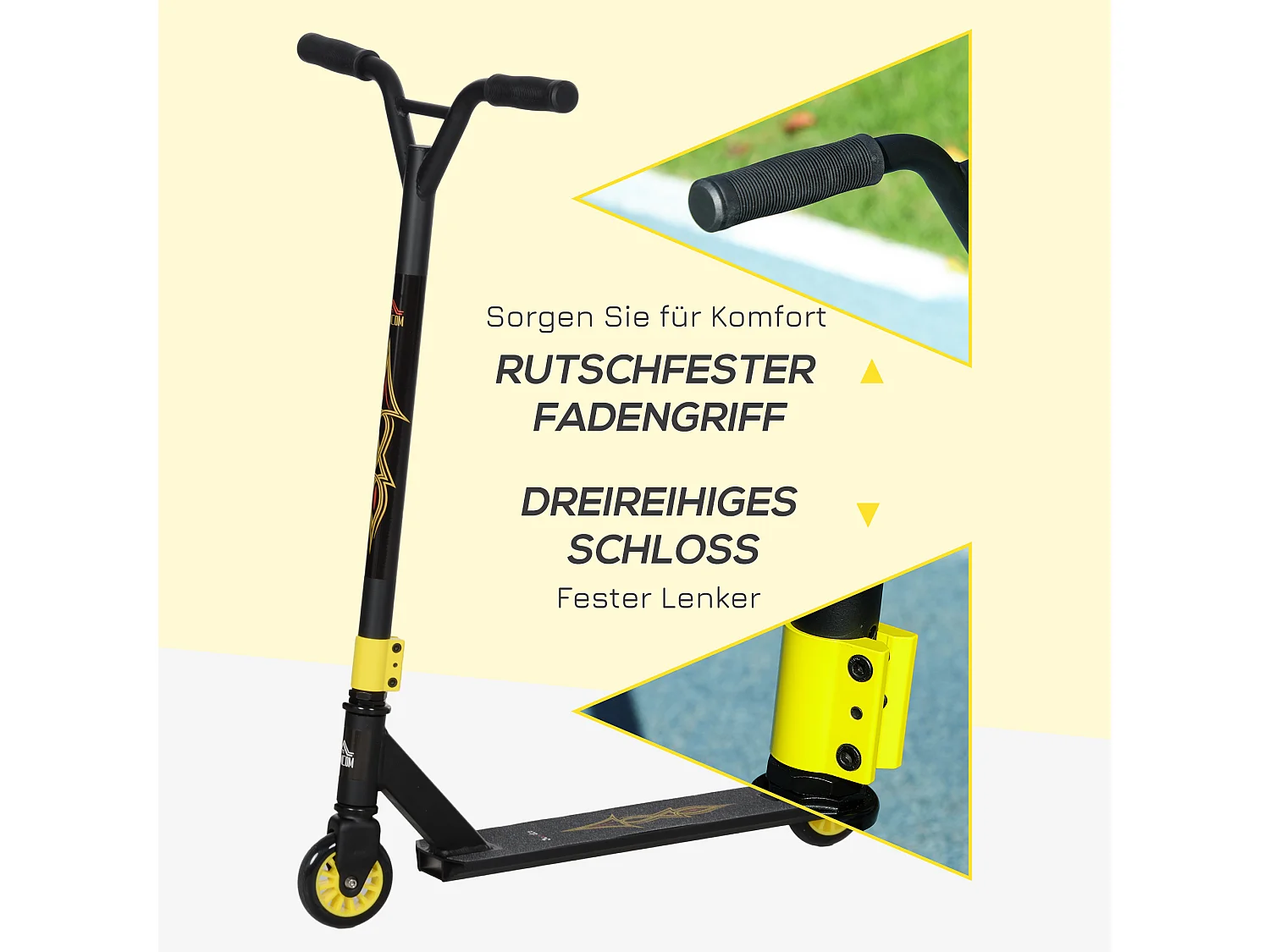 Freestyle step, ergonomisch design, aluminium, goud met 100 mm leren wielen en ABEC 9 lagers (68x47,2x86 cm)