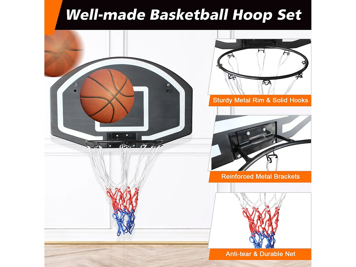 Panier de basket mural pour intérieur/extérieur, backboard en PE incassable, noir (72.4x45.72x20 cm)