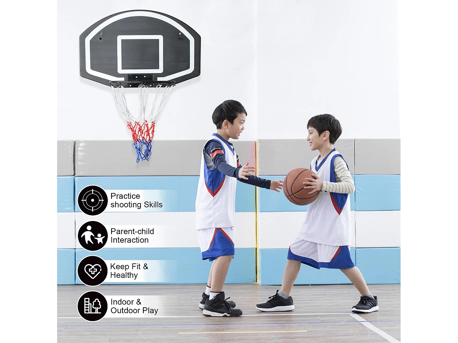 Panier de basket mural pour intérieur/extérieur, backboard en PE incassable, noir (72.4x45.72x20 cm)