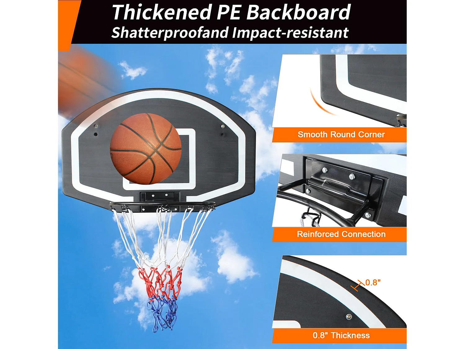 Panier de basket mural pour intérieur/extérieur, backboard en PE incassable, noir (72.4x45.72x20 cm)