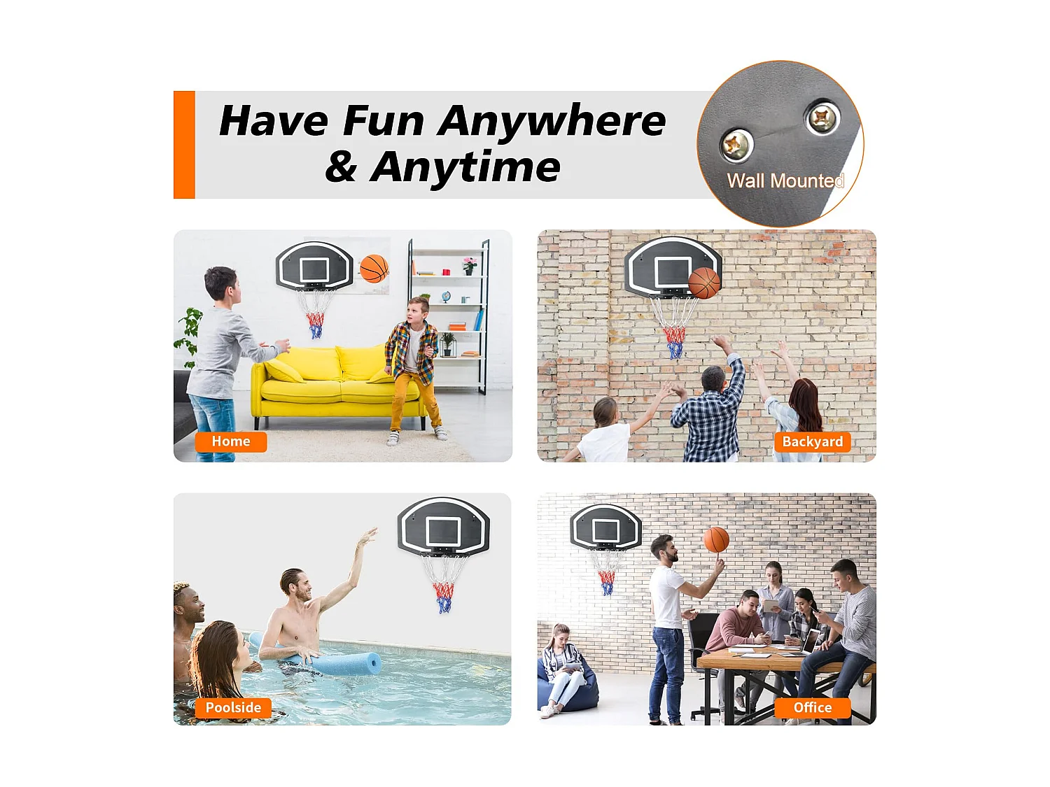 Panier de basket mural pour intérieur/extérieur, backboard en PE incassable, noir (72.4x45.72x20 cm)