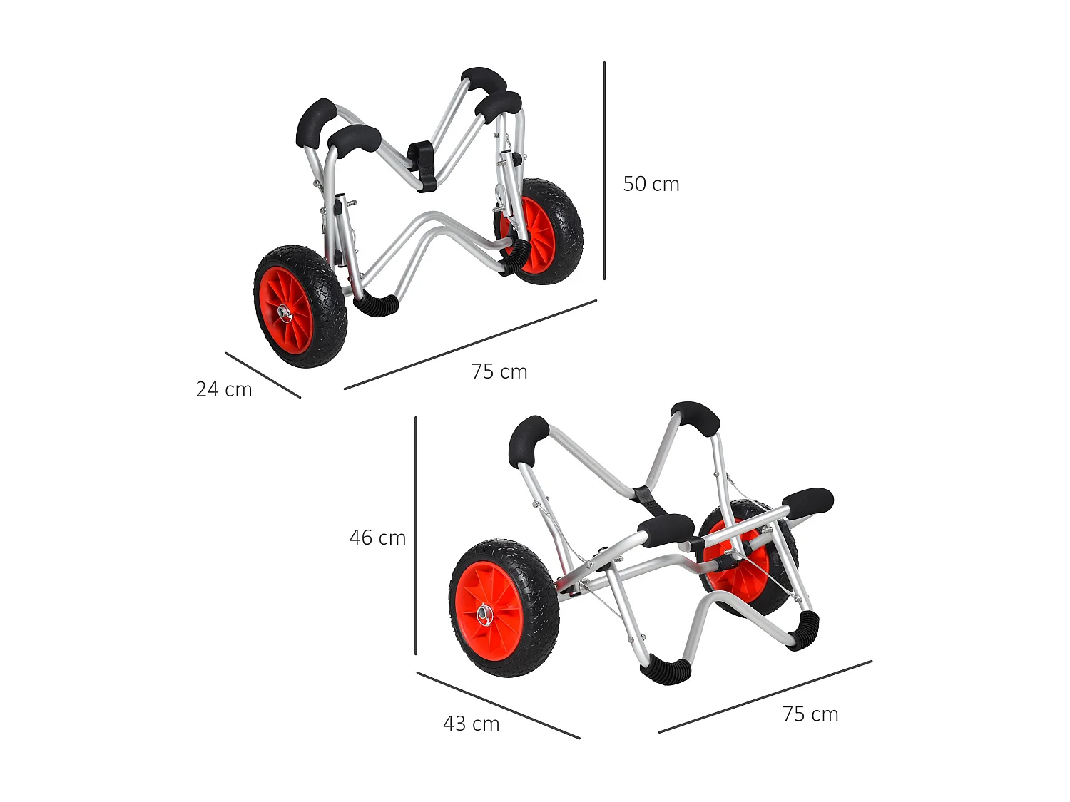 Chariot pliable pour kayak et bateau, aluminium résistant, roues PU, argenté (75x43x46 cm)