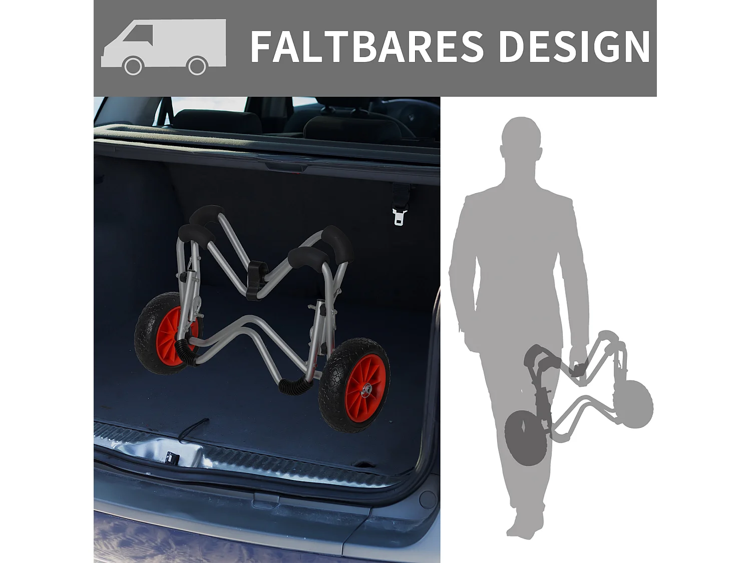 Chariot pliable pour kayak et bateau, aluminium résistant, roues PU, argenté (75x43x46 cm)