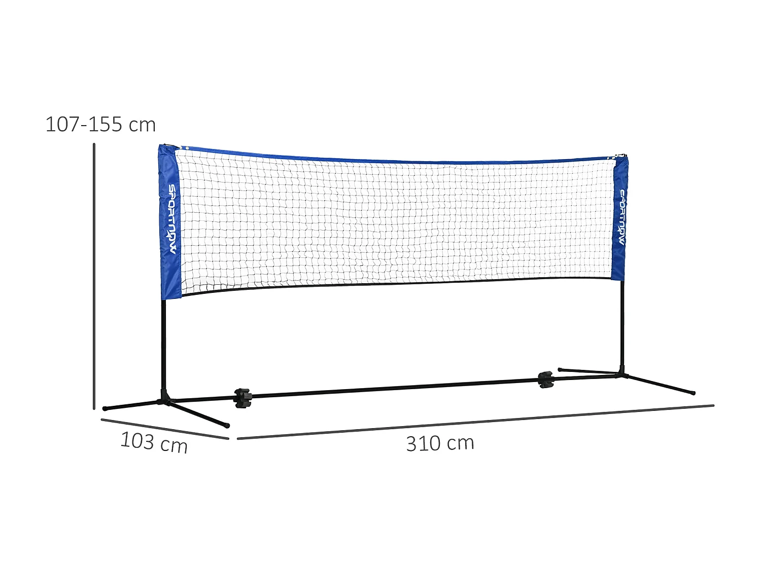Filet de badminton réglable pliable, métal, bleu (310x103x107-155cm)