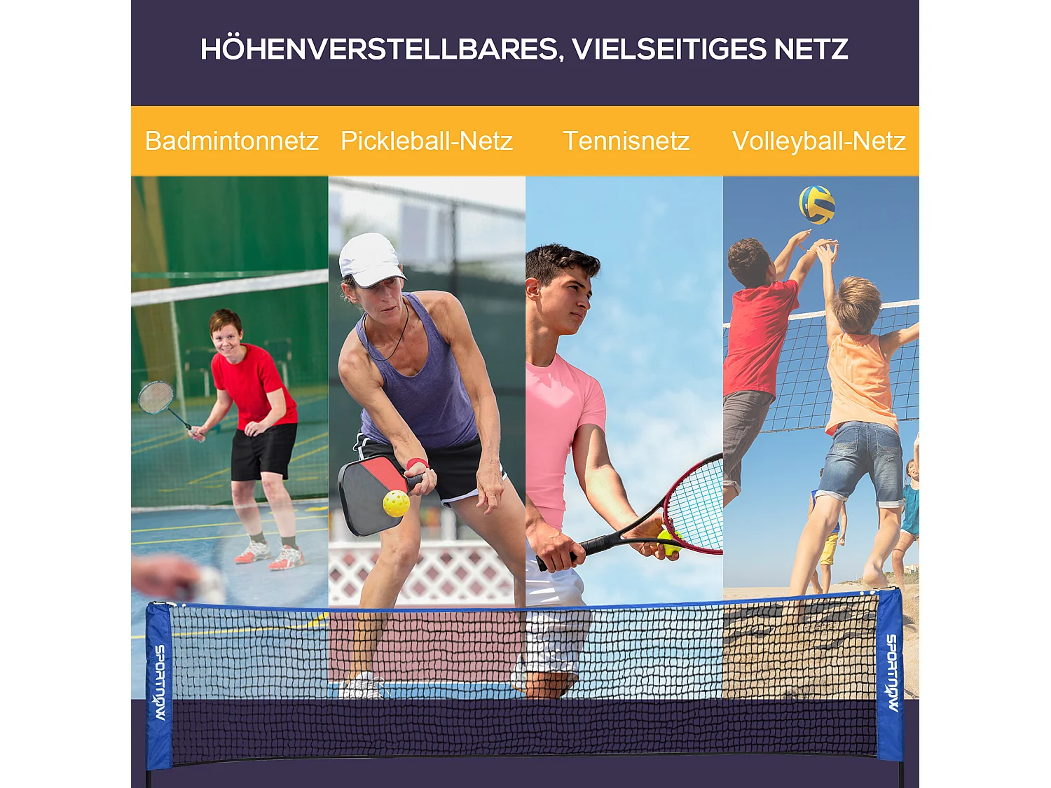 Filet de badminton réglable pliable, métal, bleu (310x103x107-155cm)