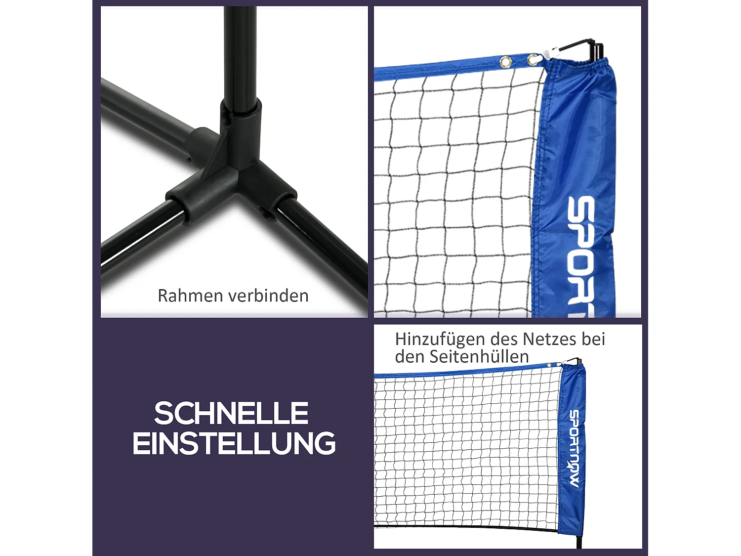 Filet de badminton réglable pliable, métal, bleu (310x103x107-155cm)