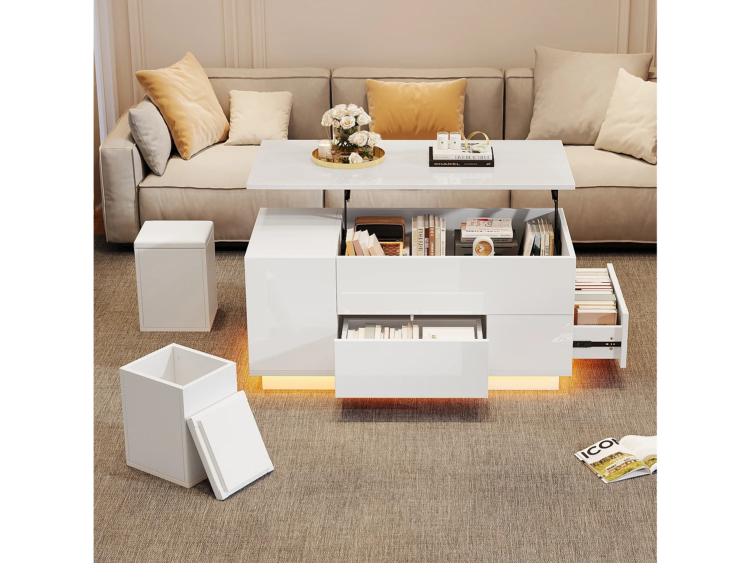 4-in-1 in hoogte verstelbare multifunctionele salontafel met led-verlichting, 2 lades en opbergkrukken, spaanplaat, wit (100x50x45cm)