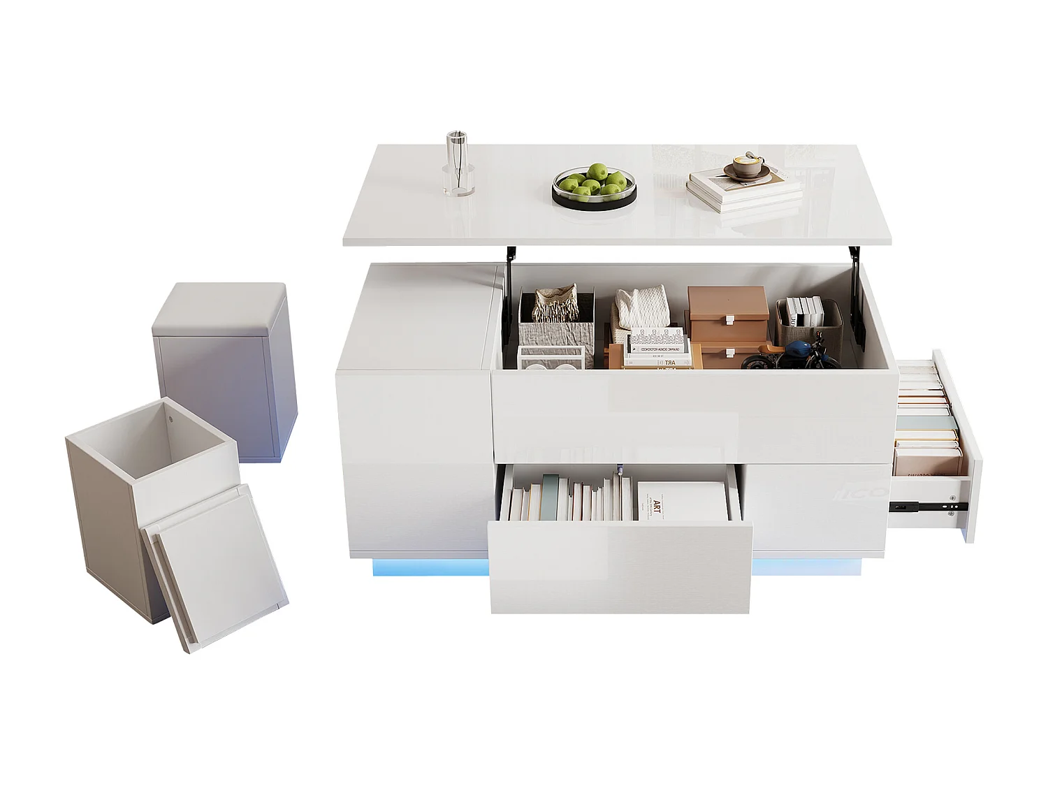 4-in-1 in hoogte verstelbare multifunctionele salontafel met led-verlichting, 2 lades en opbergkrukken, spaanplaat, wit (100x50x45cm)