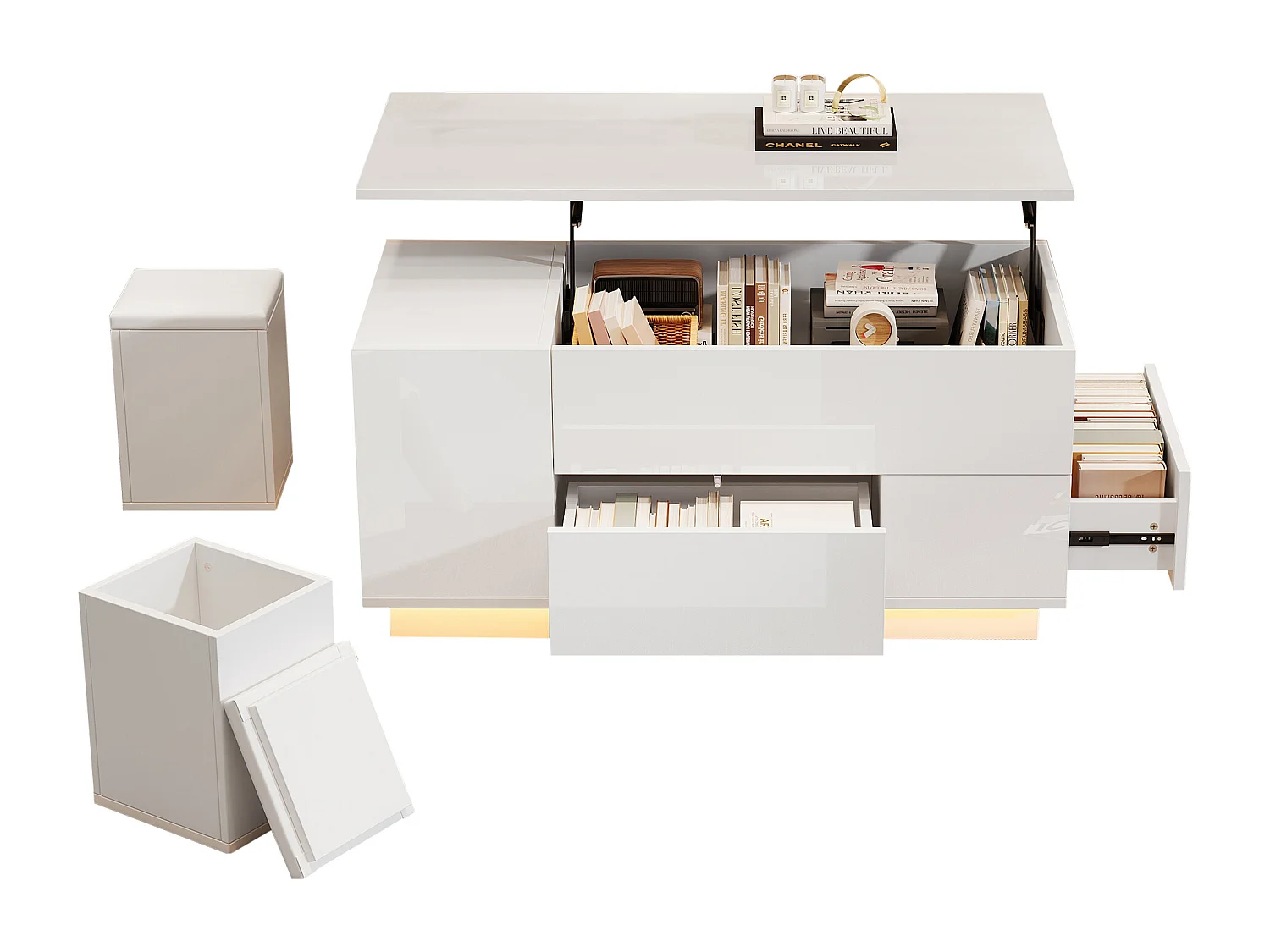 4-in-1 in hoogte verstelbare multifunctionele salontafel met led-verlichting, 2 lades en opbergkrukken, spaanplaat, wit (100x50x45cm)