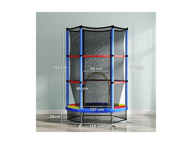 Trampoline pour enfants avec filet de sécurité, à ressorts en caoutchouc, acier, multicolore (140x140x190 cm)