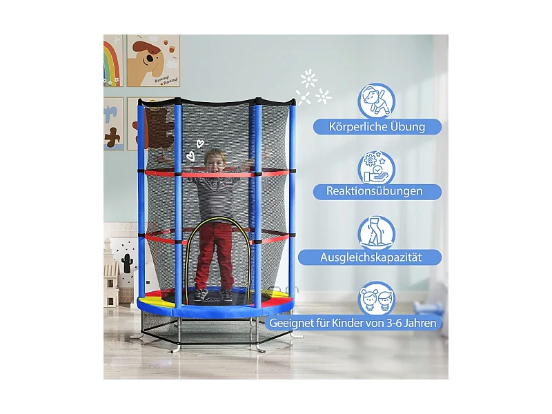 Trampoline pour enfants avec filet de sécurité, à ressorts en caoutchouc, acier, multicolore (140x140x190 cm)