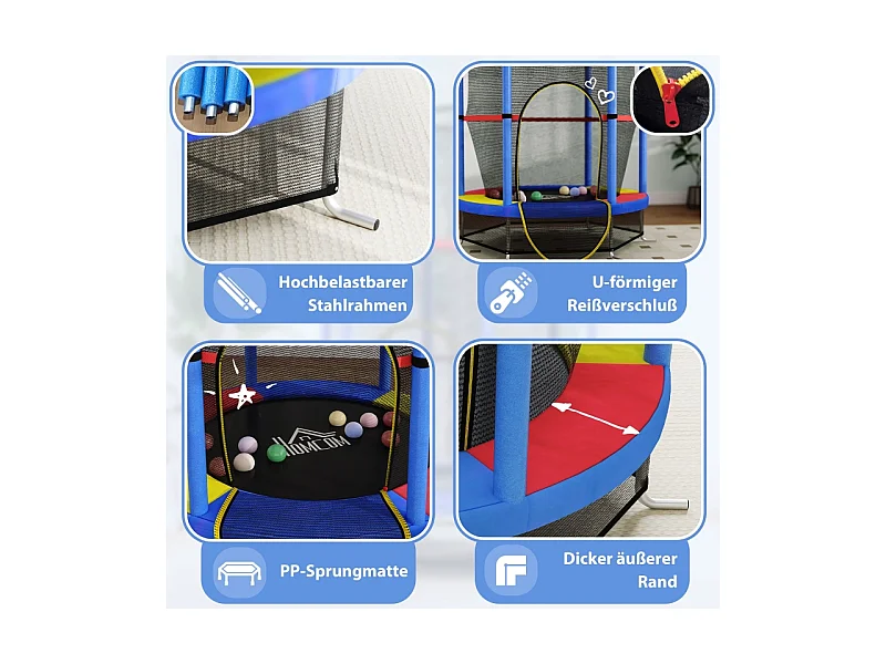 Trampoline pour enfants avec filet de sécurité, à ressorts en caoutchouc, acier, multicolore (140x140x190 cm)