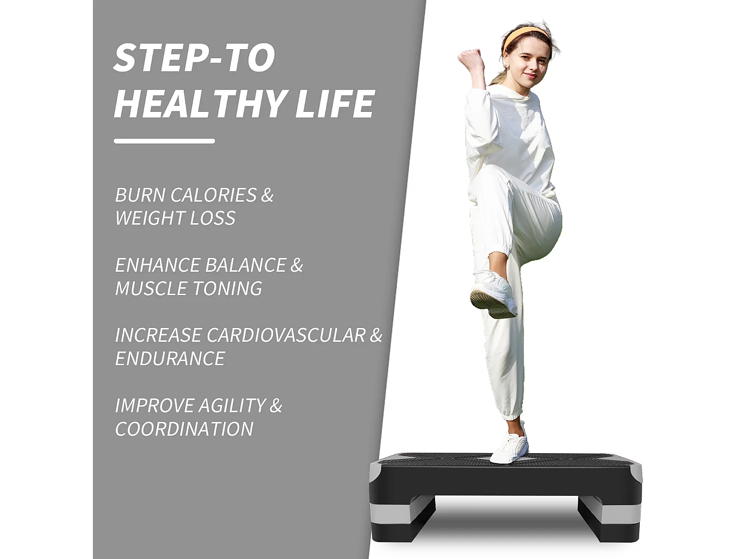 Step platforme d'exercice aérobique réglable en hauteur, polyéthylène, gris (68.5x28x10 cm)