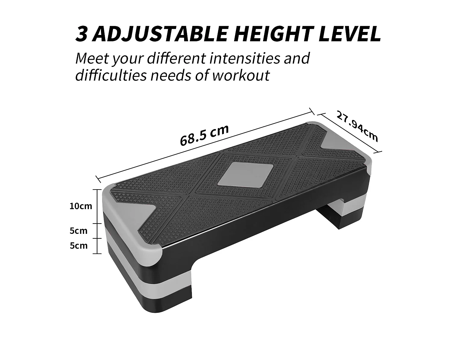 Step platforme d'exercice aérobique réglable en hauteur, polyéthylène, gris (68.5x28x10 cm)