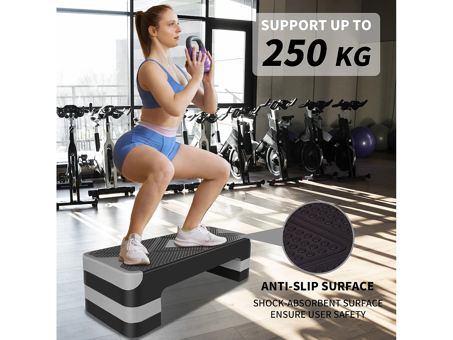 Step platforme d'exercice aérobique réglable en hauteur, polyéthylène, gris (68.5x28x10 cm)