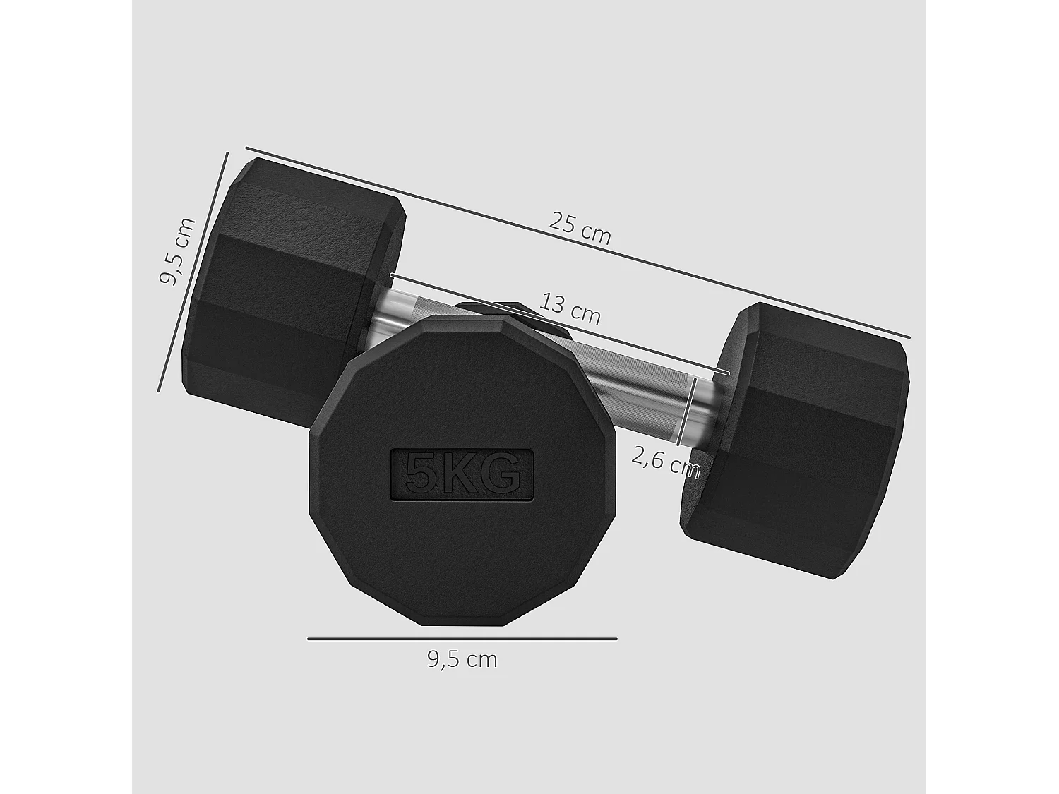 Set de haltères 10kg, métal antidérapant, caoutchouc, noir (25x9.5x9.5cm)