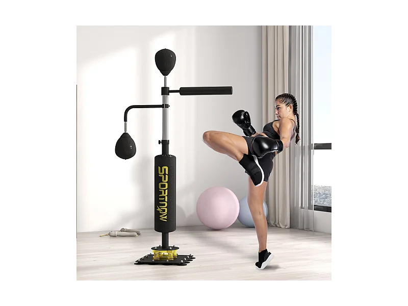 Stand de boxe avec 2 balles de vitesse, barre rotative et coussin de frappe, réglable en hauteur, acier, noir (107x36x140-205cm)
