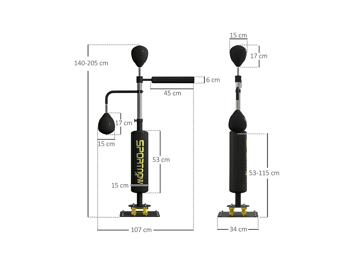 Stand de boxe avec 2 balles de vitesse, barre rotative et coussin de frappe, réglable en hauteur, acier, noir (107x36x140-205cm)