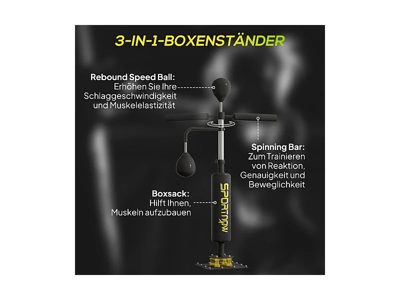 Stand de boxe avec 2 balles de vitesse, barre rotative et coussin de frappe, réglable en hauteur, acier, noir (107x36x140-205cm)