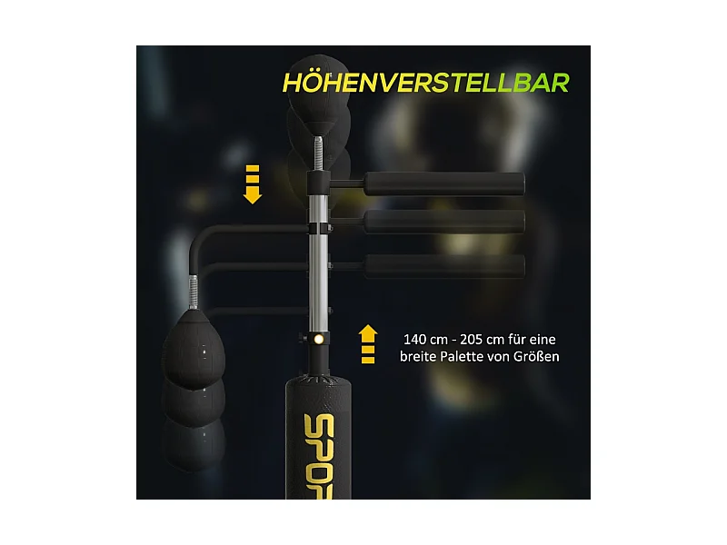 Stand de boxe avec 2 balles de vitesse, barre rotative et coussin de frappe, réglable en hauteur, acier, noir (107x36x140-205cm)