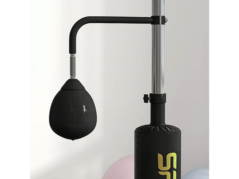 Stand de boxe avec 2 balles de vitesse, barre rotative et coussin de frappe, réglable en hauteur, acier, noir (107x36x140-205cm)
