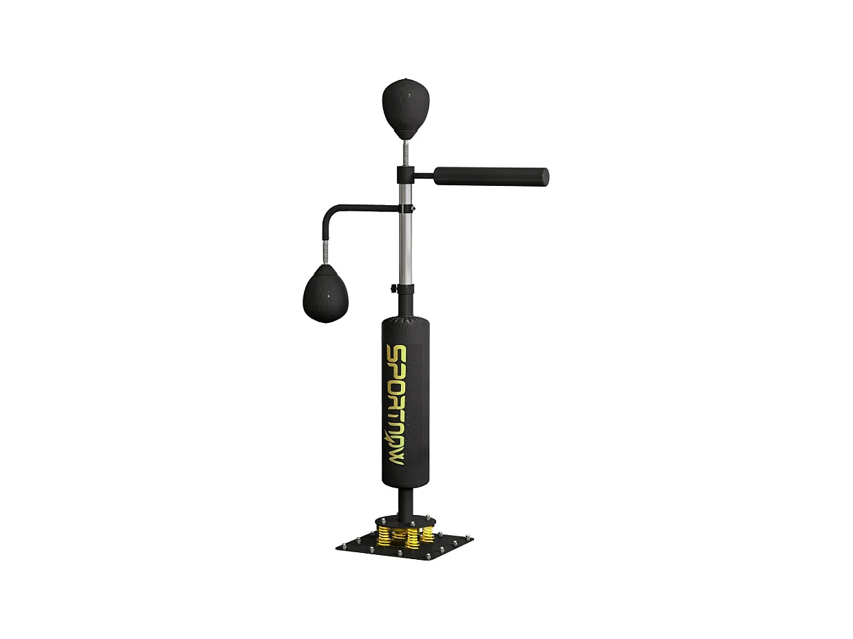 Soporte de boxeo con 2 bolas de velocidad, barra giratoria y almohadilla de golpeo, altura ajustable, acero, negro (107x36x140-205cm)