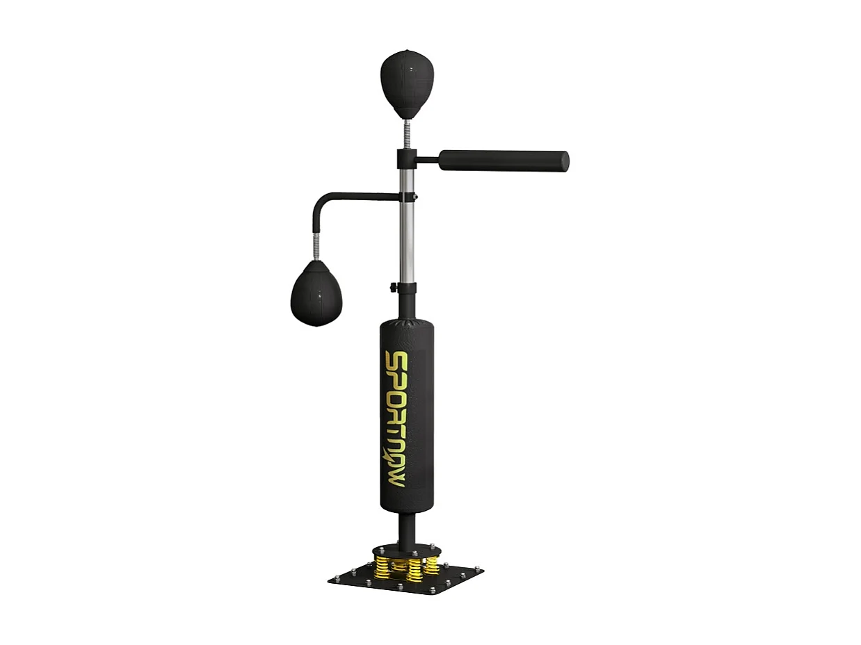 Stand de boxe avec 2 balles de vitesse, barre rotative et coussin de frappe, réglable en hauteur, acier, noir (107x36x140-205cm)