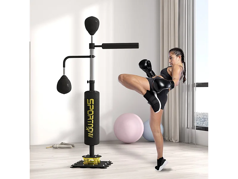 Stand de boxe avec 2 balles de vitesse, barre rotative et coussin de frappe, réglable en hauteur, acier, noir (107x36x140-205cm)
