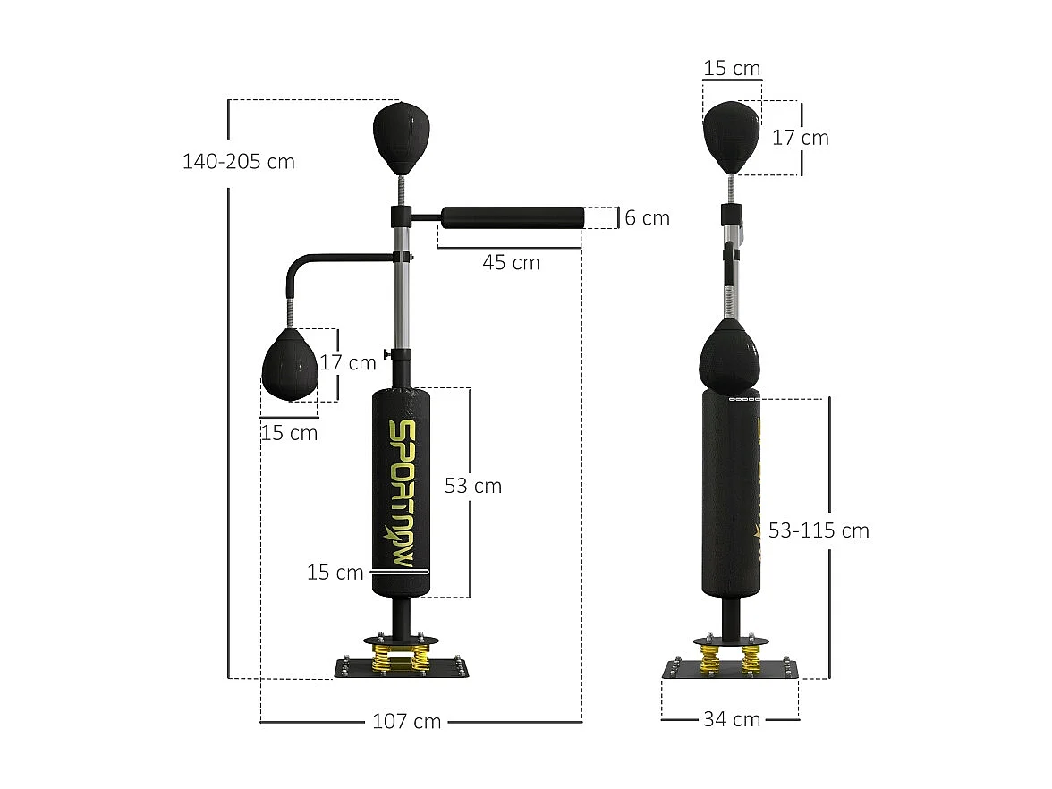 Stand de boxe avec 2 balles de vitesse, barre rotative et coussin de frappe, réglable en hauteur, acier, noir (107x36x140-205cm)