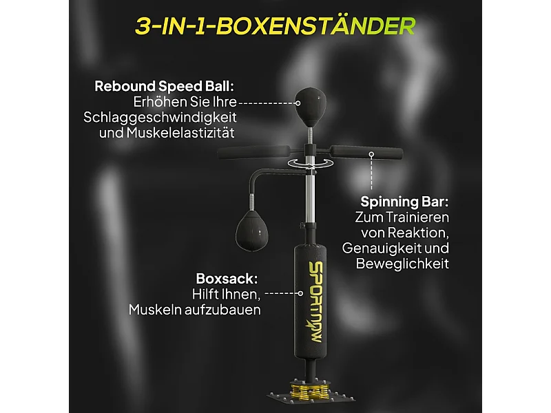 Stand de boxe avec 2 balles de vitesse, barre rotative et coussin de frappe, réglable en hauteur, acier, noir (107x36x140-205cm)