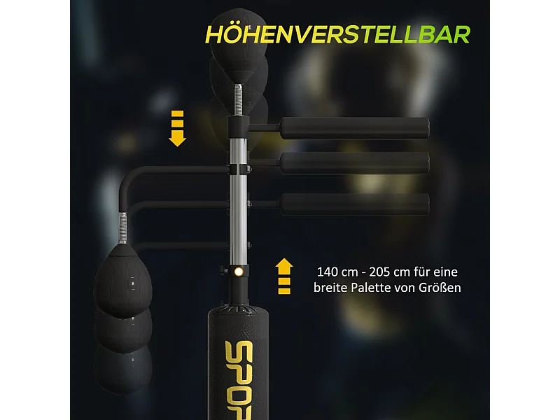 Stand de boxe avec 2 balles de vitesse, barre rotative et coussin de frappe, réglable en hauteur, acier, noir (107x36x140-205cm)