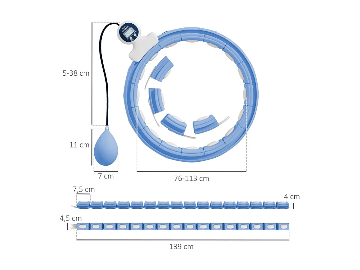 Hula-hoop intelligent réglable avec poids et compteur, plastique, bleu clair, 16 segments (76x113cm)
