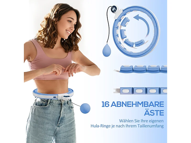 Hula-hoop intelligent réglable avec poids et compteur, plastique, bleu clair, 16 segments (76x113cm)