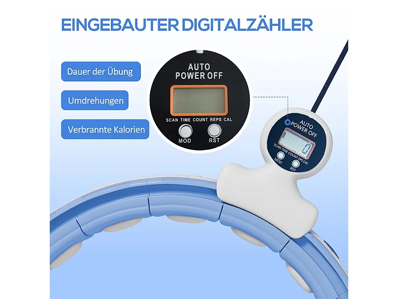 Hula-hoop intelligent réglable avec poids et compteur, plastique, bleu clair, 16 segments (76x113cm)