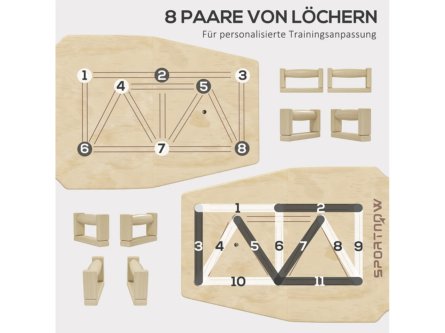 Barras de flexiones de madera natural, 8 pares de agujeros, bandas elásticas, 11 ejercicios (80 x 30 x 26 cm)