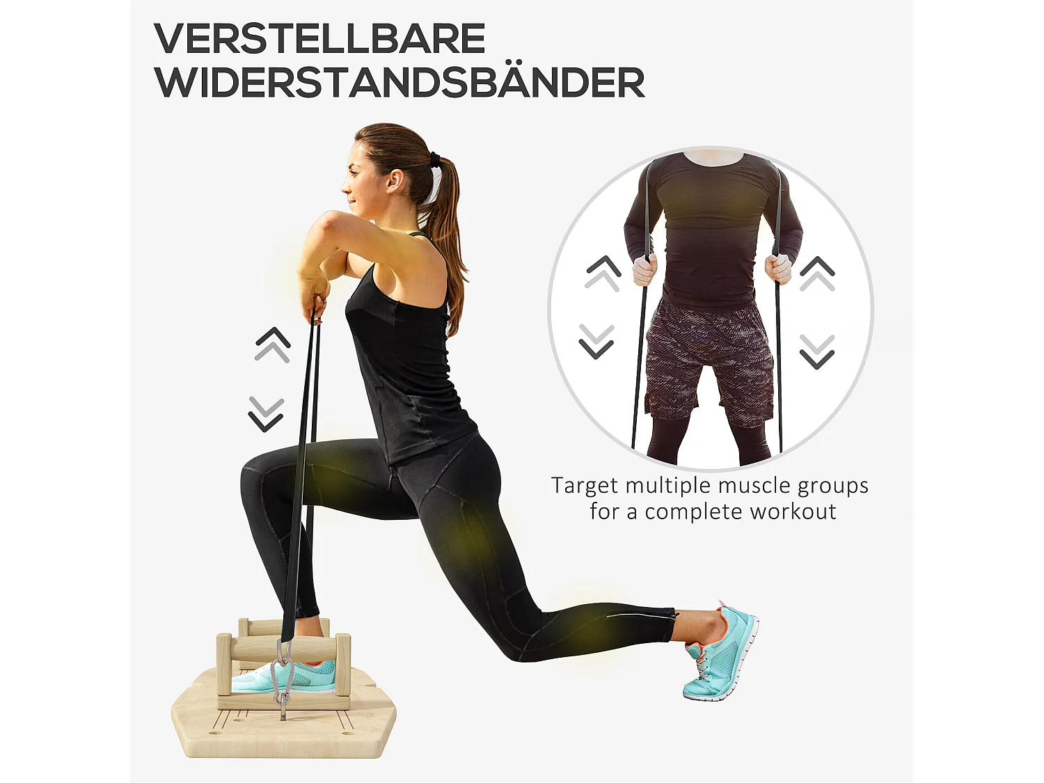 Barras de flexiones de madera natural, 8 pares de agujeros, bandas elásticas, 11 ejercicios (80 x 30 x 26 cm)