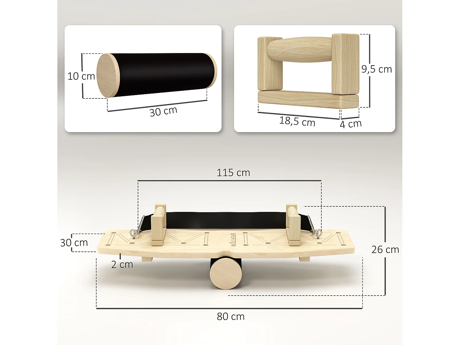 Barre per flessioni in legno naturale, 8 paia di fori, elastici, 11 esercizi (80x30x26 cm)