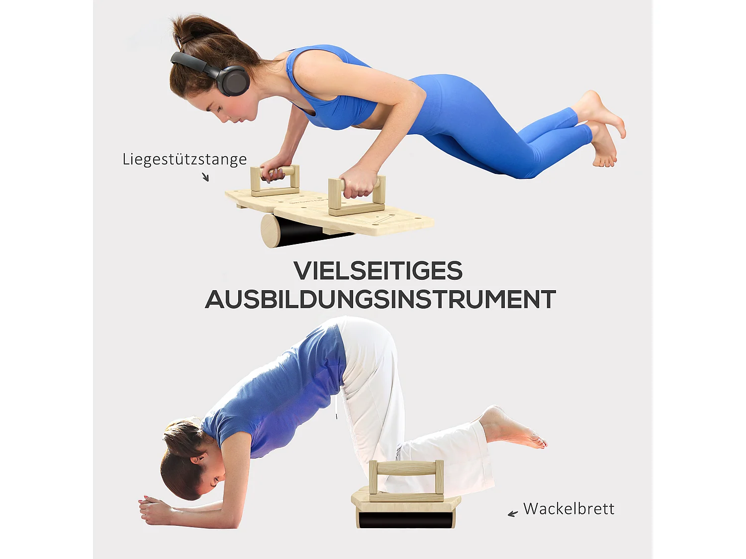 Barre per flessioni in legno naturale, 8 paia di fori, elastici, 11 esercizi (80x30x26 cm)