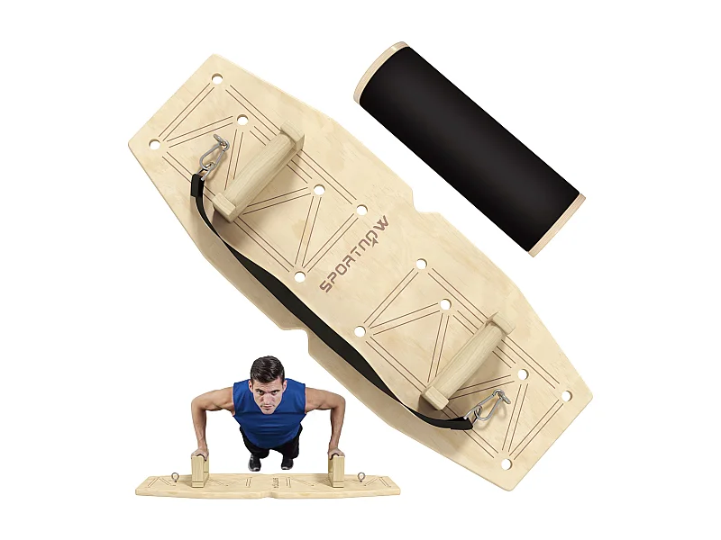 Barres de push-up en bois naturel, 8 paires de trous, bandes élastiques, 11 exercices (80x30x26cm)