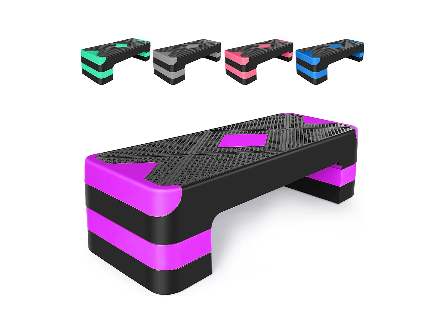 Step platforme d'exercice aérobique réglable, matériau polyéthylène, violet, avec repose-pieds antidérapants (68.5x28x10cm)