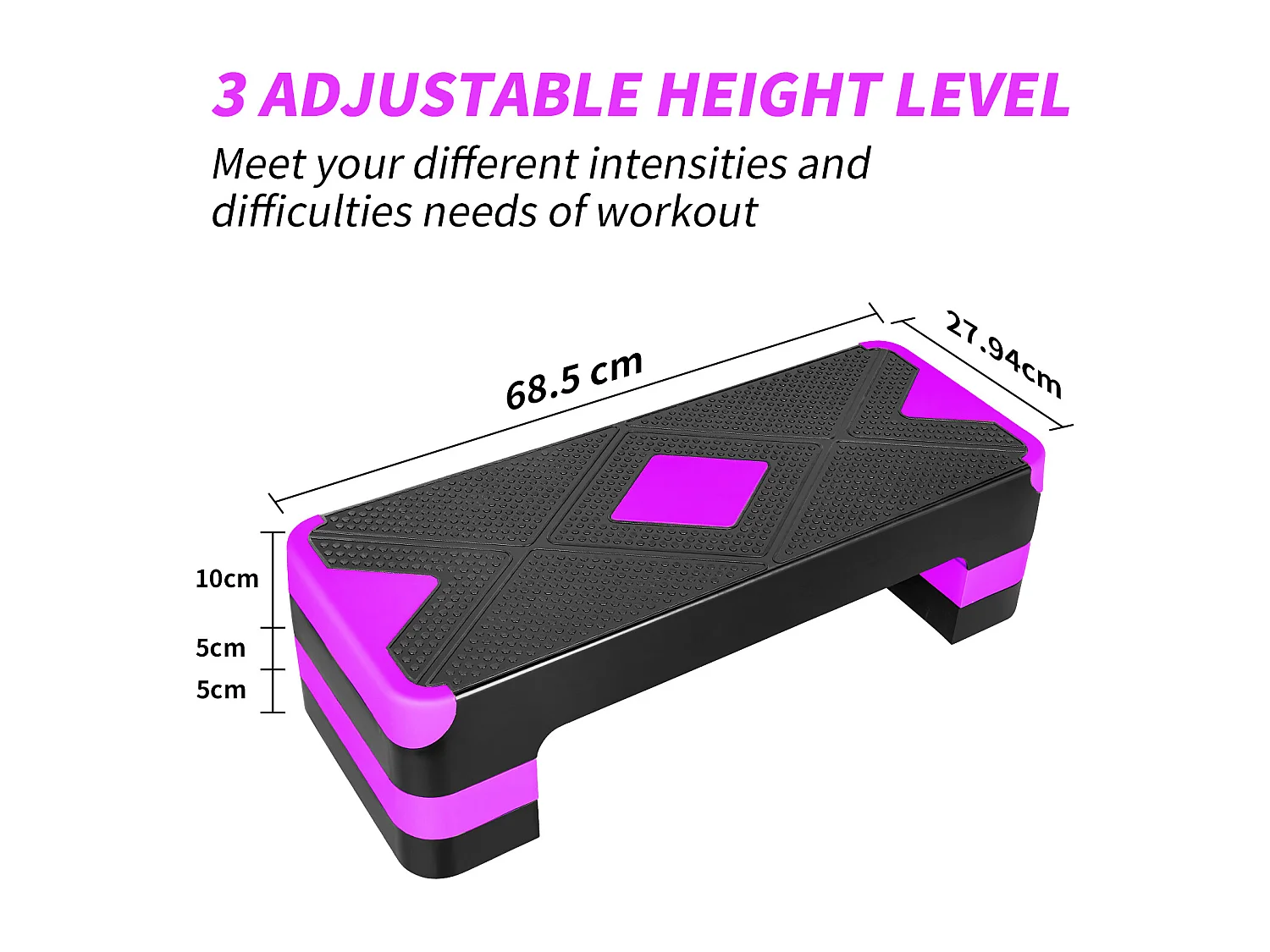 Step platforme d'exercice aérobique réglable, matériau polyéthylène, violet, avec repose-pieds antidérapants (68.5x28x10cm)
