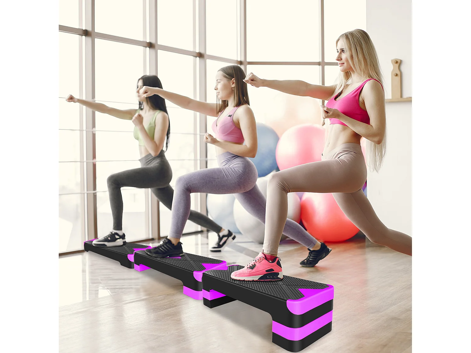 Step platforme d'exercice aérobique réglable, matériau polyéthylène, violet, avec repose-pieds antidérapants (68.5x28x10cm)