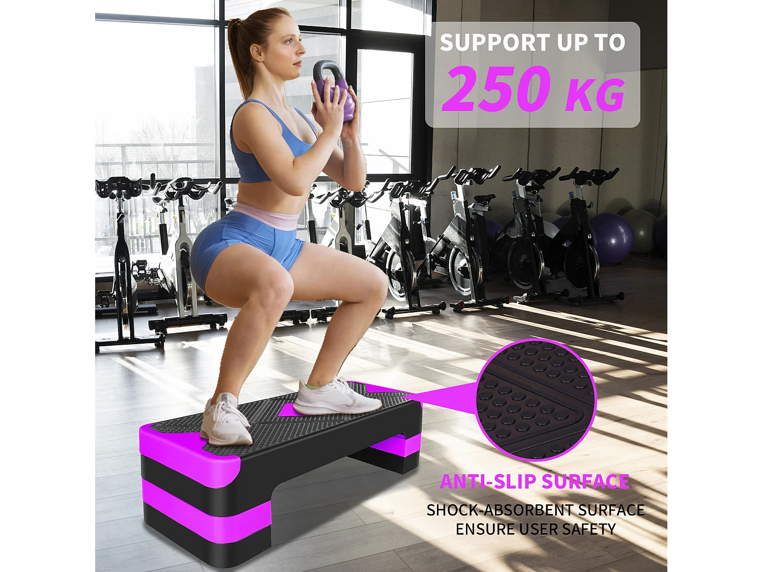 Step platforme d'exercice aérobique réglable, matériau polyéthylène, violet, avec repose-pieds antidérapants (68.5x28x10cm)