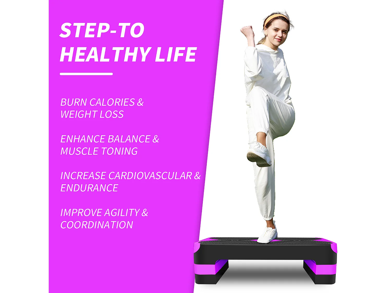 Step platforme d'exercice aérobique réglable, matériau polyéthylène, violet, avec repose-pieds antidérapants (68.5x28x10cm)