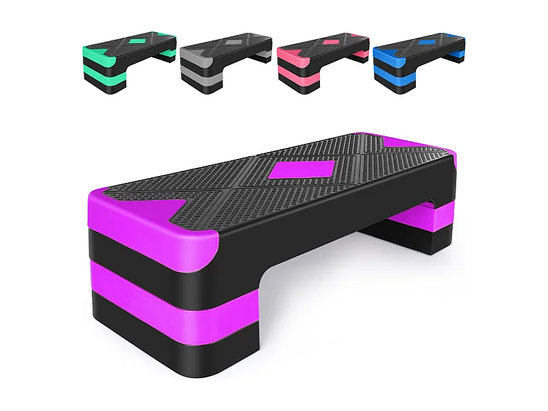 Step platforme d'exercice aérobique réglable, matériau polyéthylène, violet, avec repose-pieds antidérapants (68.5x28x10cm)