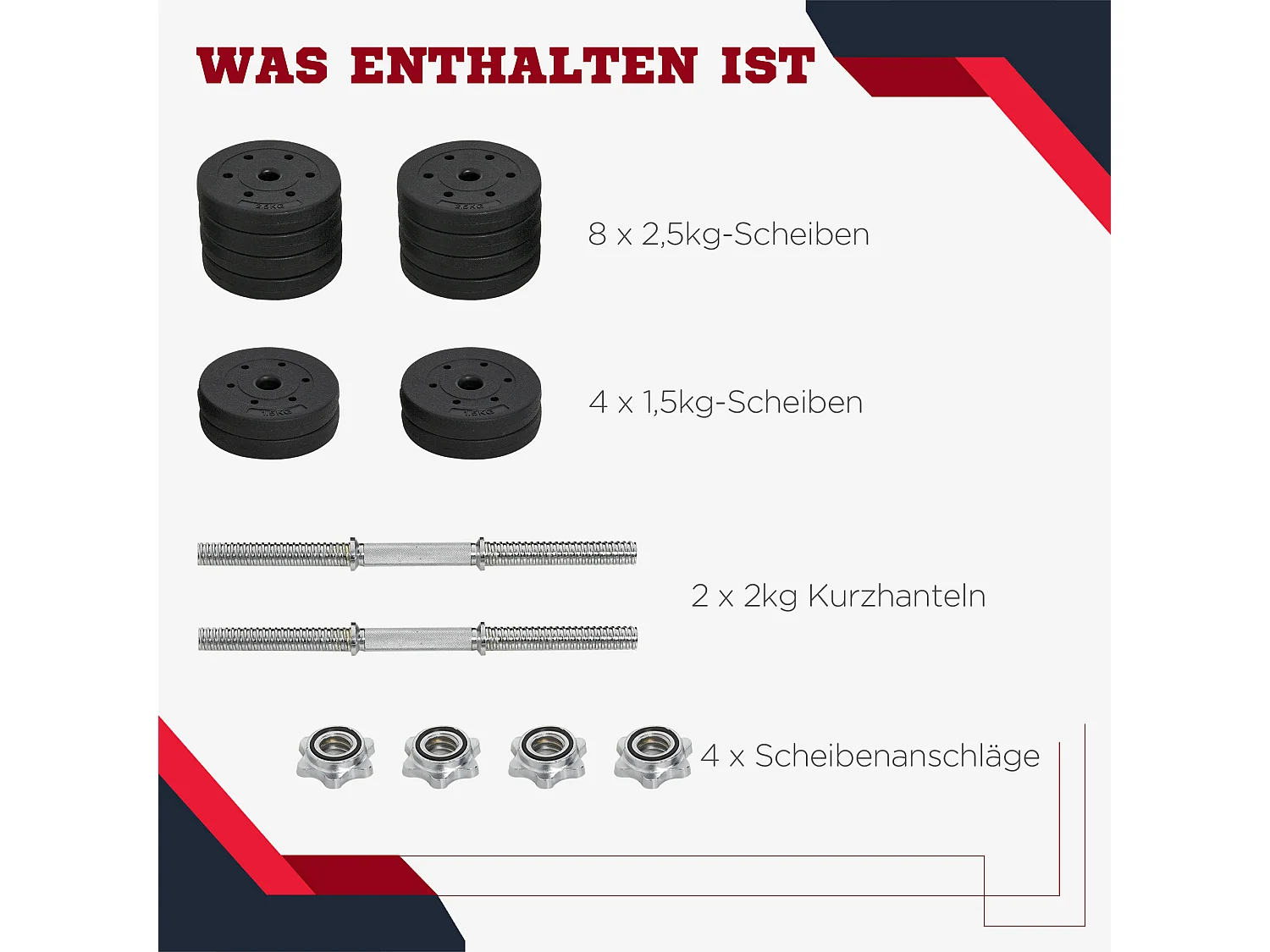 Set di manubri da 30 kg, in acciaio e PU, neri, completi per bodybuilding (43x18x7,5 cm)