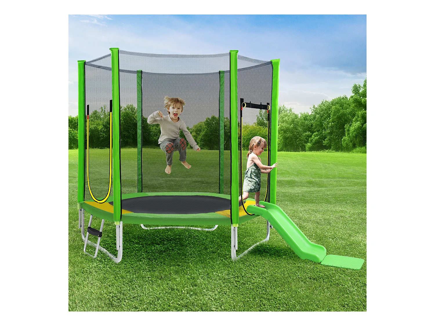Cama elástica infantil de exterior con escalera y tobogán, de acero, color verde, red de seguridad y puerta doble (213x296x204 cm)