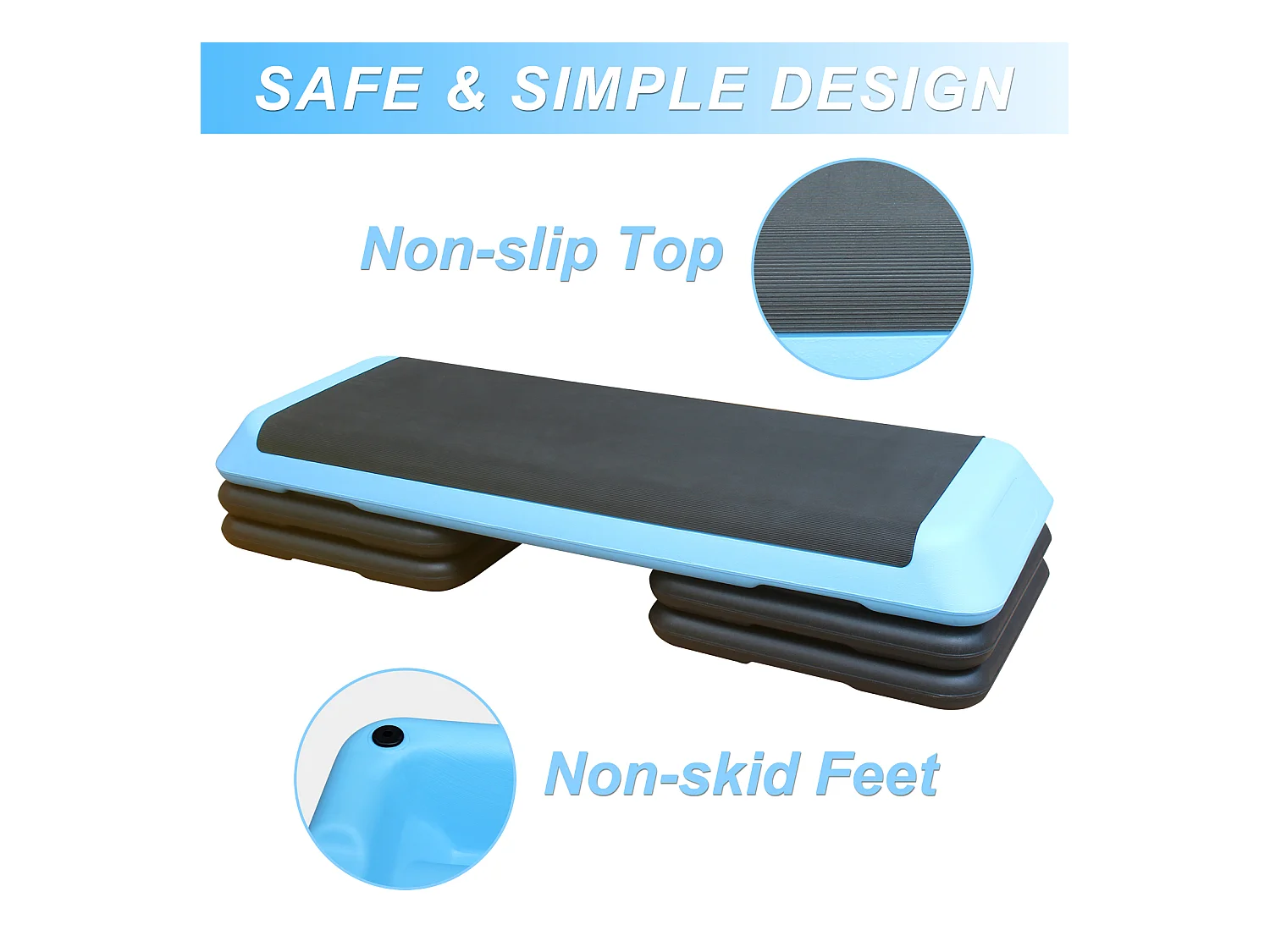 Plateforme d'aérobic réglable, surface antidérapante, plastique ABS, bleu, avec 4 rehausseurs (109x41x11 cm)
